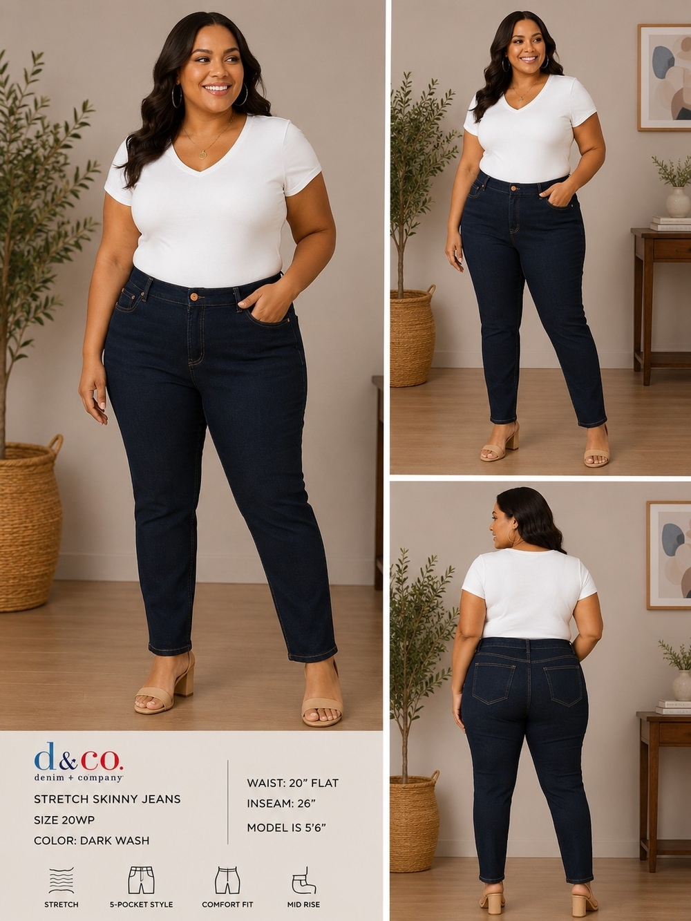 d&co Dark Wash Stretch Skinny Jeans Plus Size 20WP Classic Denim
